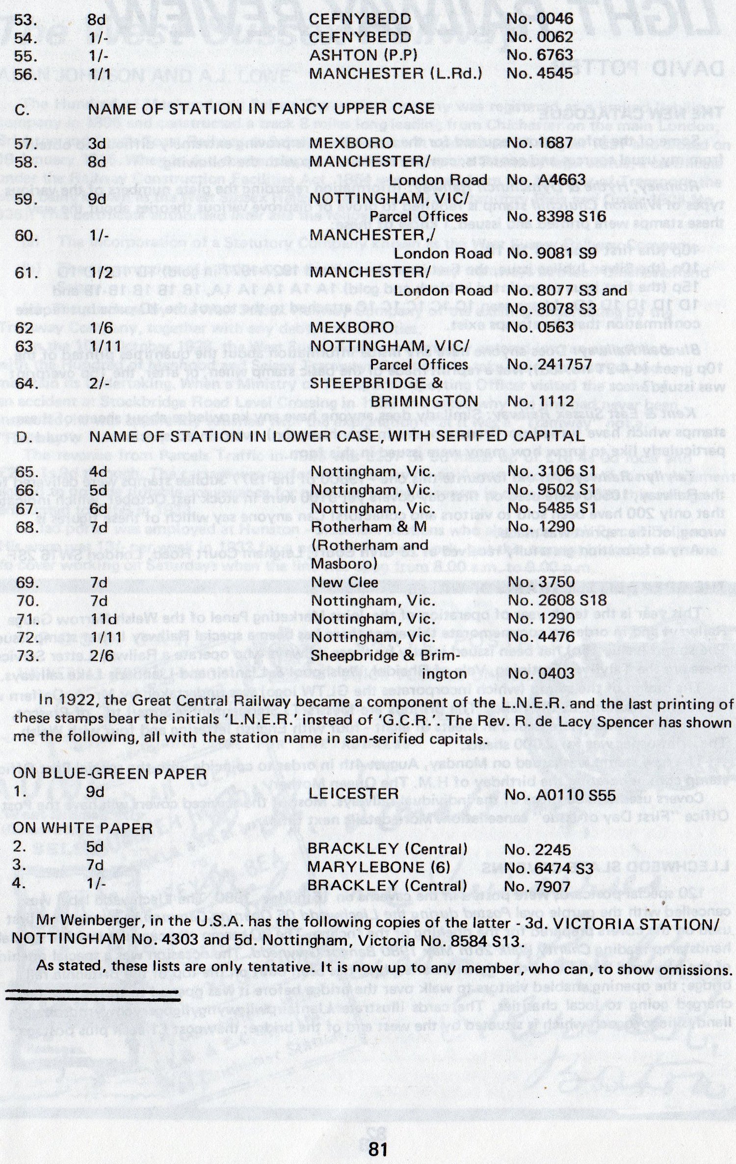 Great Central Railway Parcel Post Captain Jackson Railway Philatelic Group article on Station Names and Printings September 1980